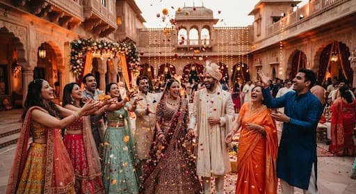 Family and friends celebrating an Indian wedding with flower petals